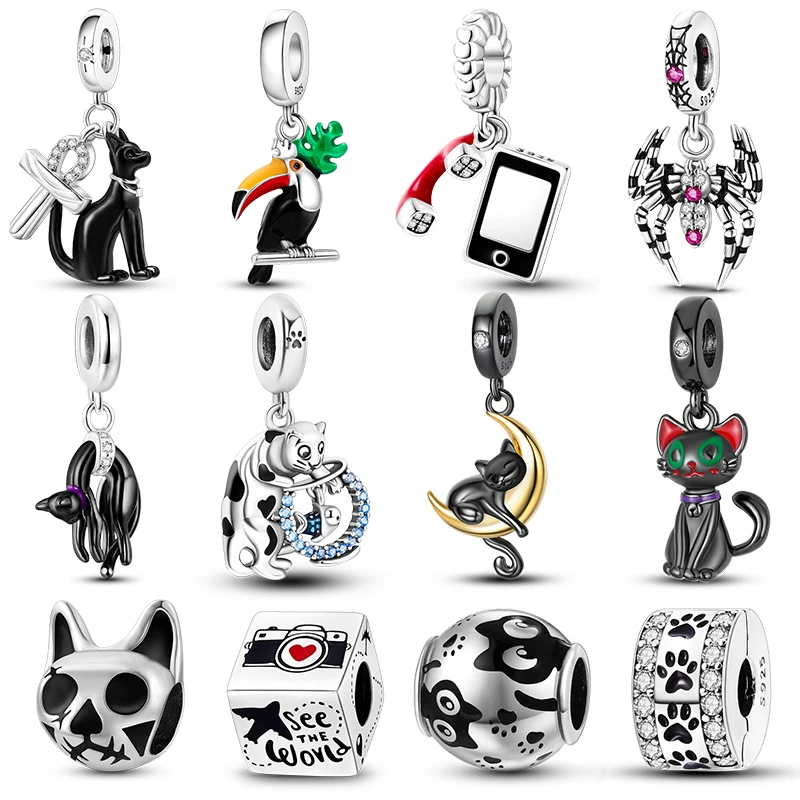 

Fashion 925 Sterling Silver Black Series Cat Handbag High Heels Charms Beads Fit Original Pandora Bracelets DIY Jewelry Making