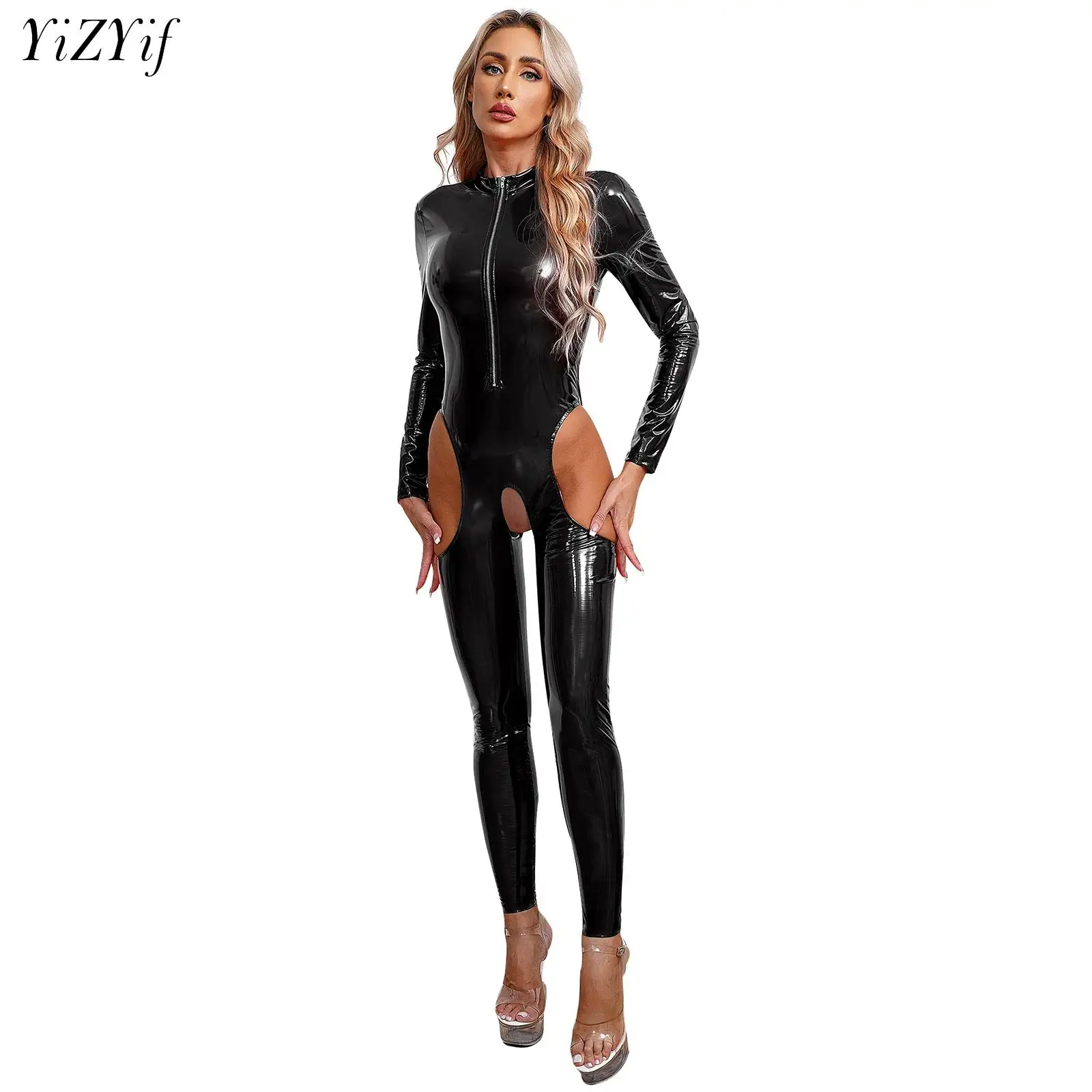 

Women Lingerie Wetlook Leotard Jumpsuit Sexy Hollow Out Crotch Bodysuit Zip Long Sleeve Crotchless Catsuit Rave Night Clubwear