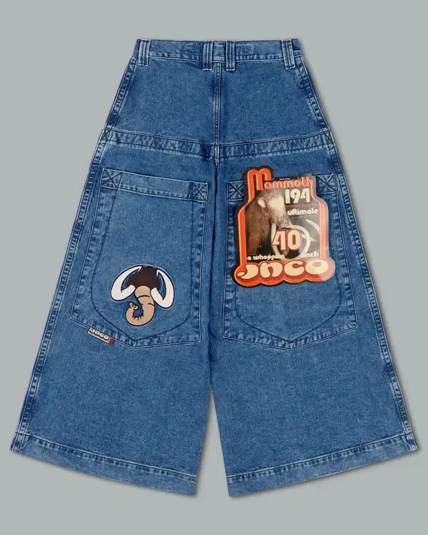 

Men and Women American Retro Mammoth Print Oversized Wide-Leg Washed Blue Jeans Y2K Loose Hip-Hop Harajuku Street Straight Jeans