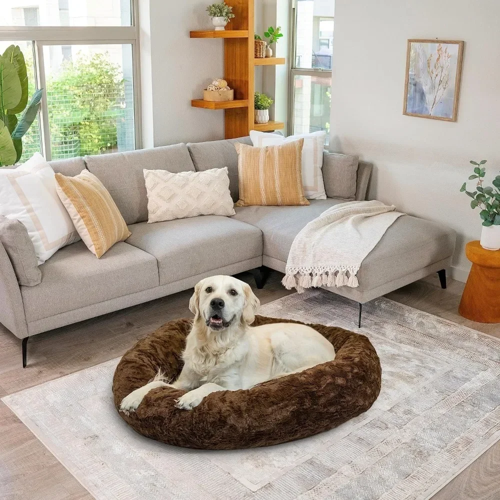 

The Original Calming Shag Donut Cuddler Cat and Dog Bed + Pet Throw Blanket Frost Extra Large 45",Dog Beds