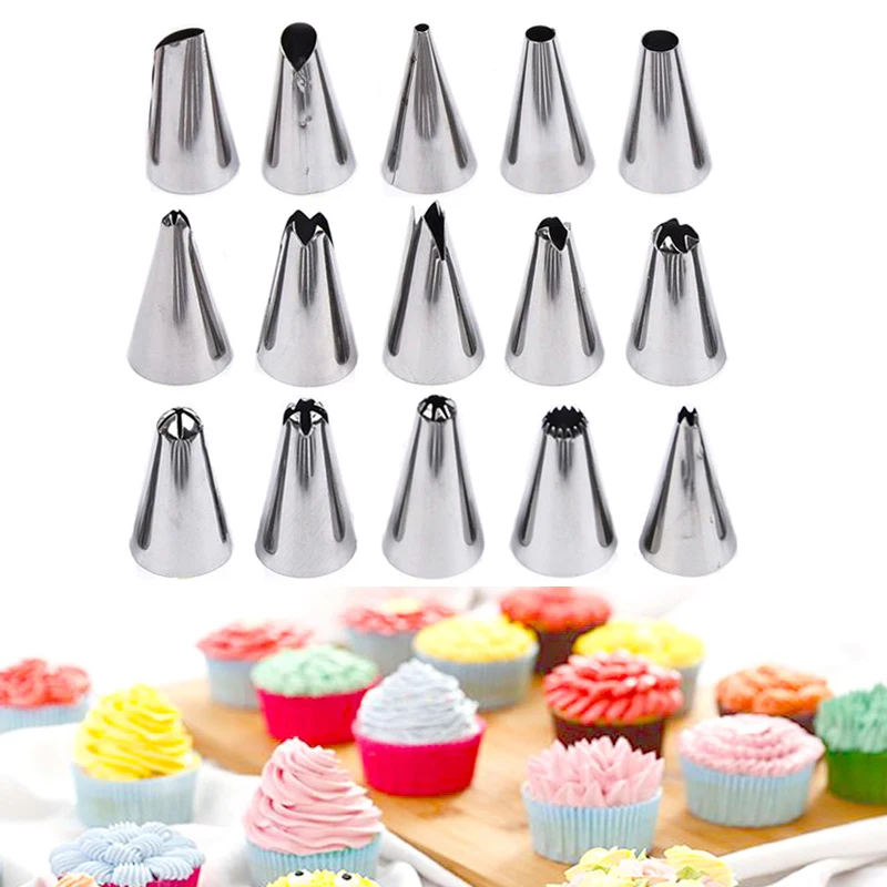 

15pcs/set Cream Pastry Tips Stainless Steel DIY Cupcake Icing Piping Nozzles Set Cake Fondant Decoration Baking Tools