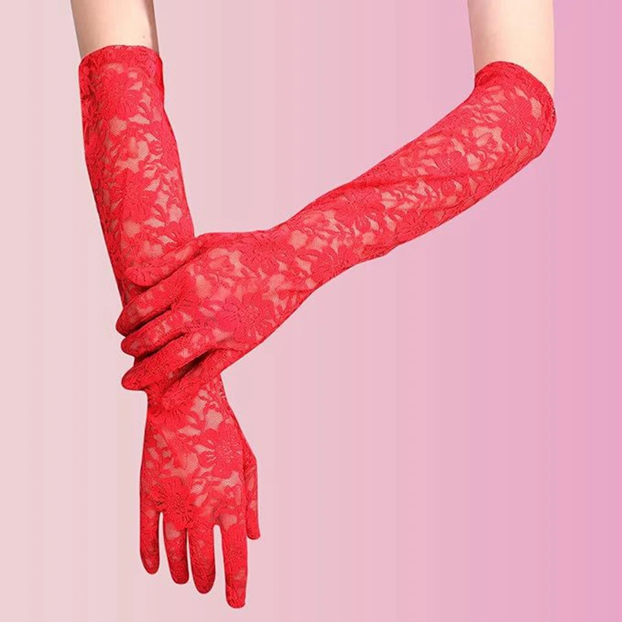 Black White Red Long Lace Gloves Bride Gloves For Bride Finger Guantes