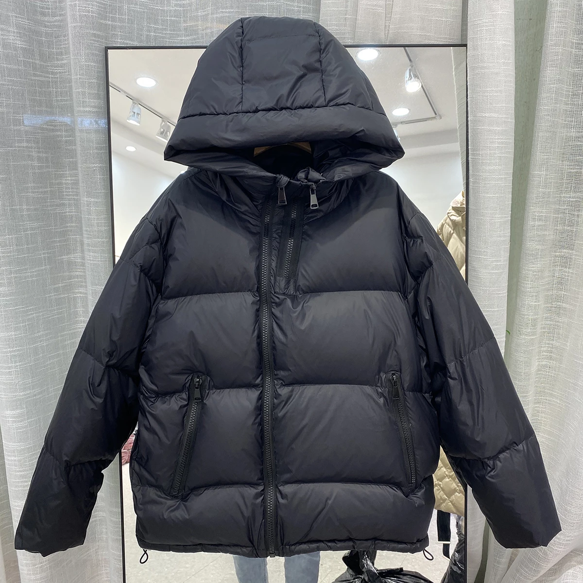 

Winter Solid Down Jacket For Women Casual Zipper Pocket Thickned Coat Lady Sweet Warm Hooded Long-Sleeve Short Outerwear