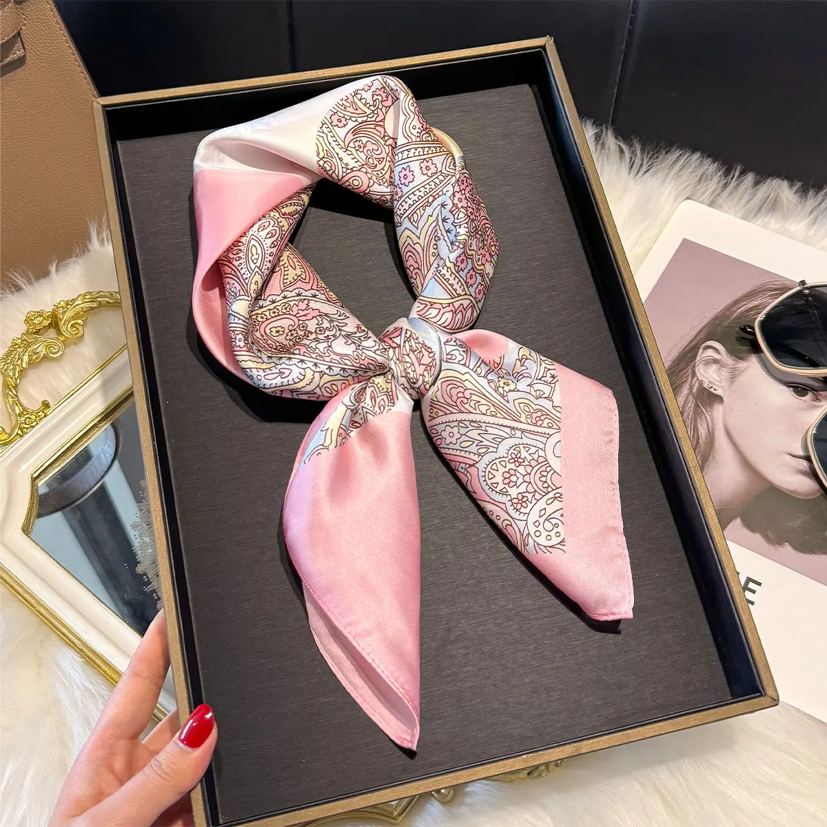 Luxury Leopard Print 70*70cm Square Scarf Women Soft Satin Hairband Neckerchief Tie Female Headband Foulard Mother's Day Gift