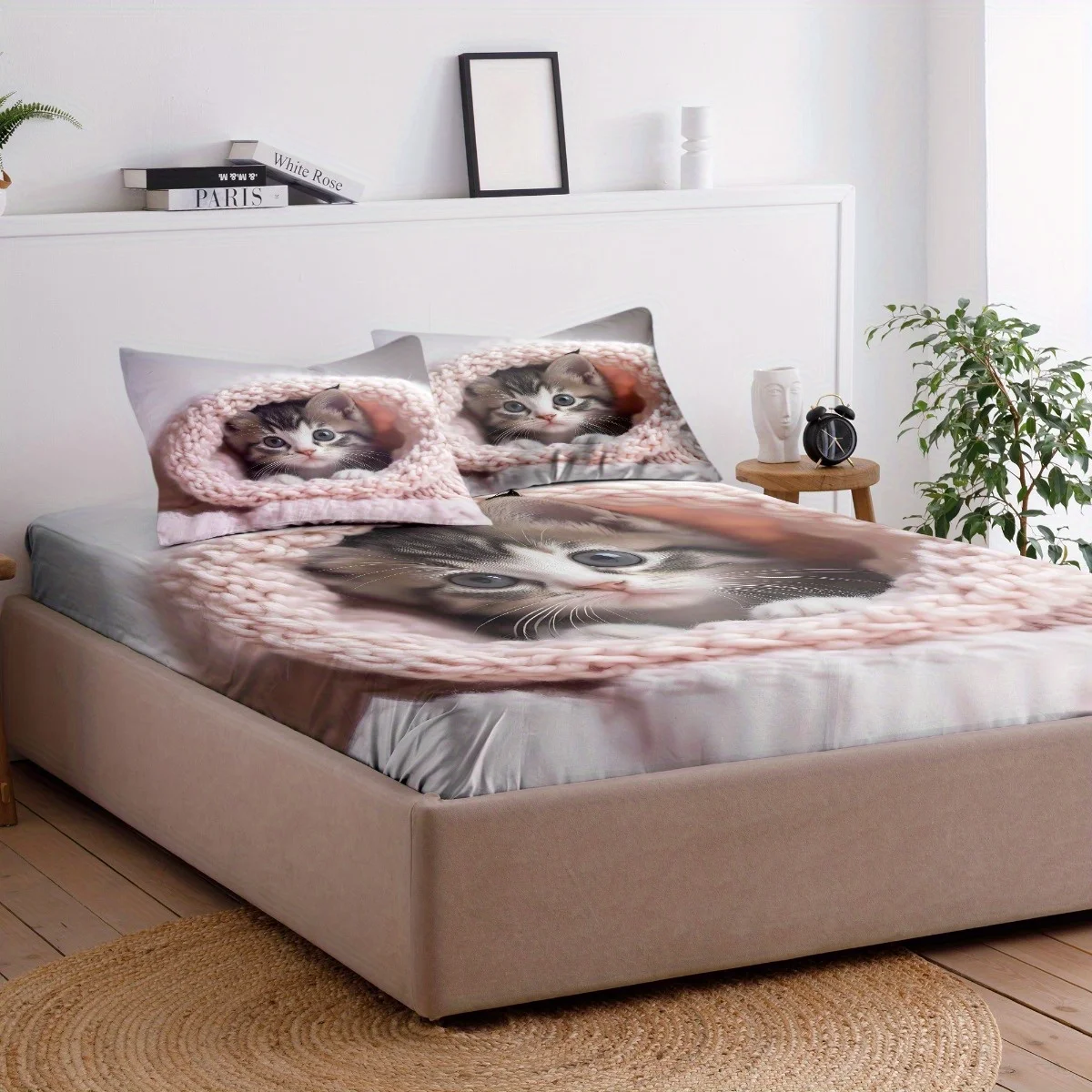 3pcs Cute Cat Bedding Set, Soft Fitted Sheet with 2 Pillowcases, Cozy Animal Lover Gift for Women, Twin&Full&Queen Size