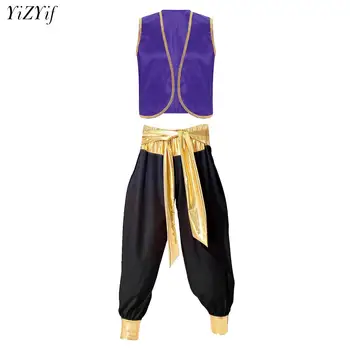 Costume da principe arabo da uomo, persiano, arabo, Aladin, gioco di ruolo di Halloween, gilet senza maniche, gilet con pantaloni, abiti di carnevale
