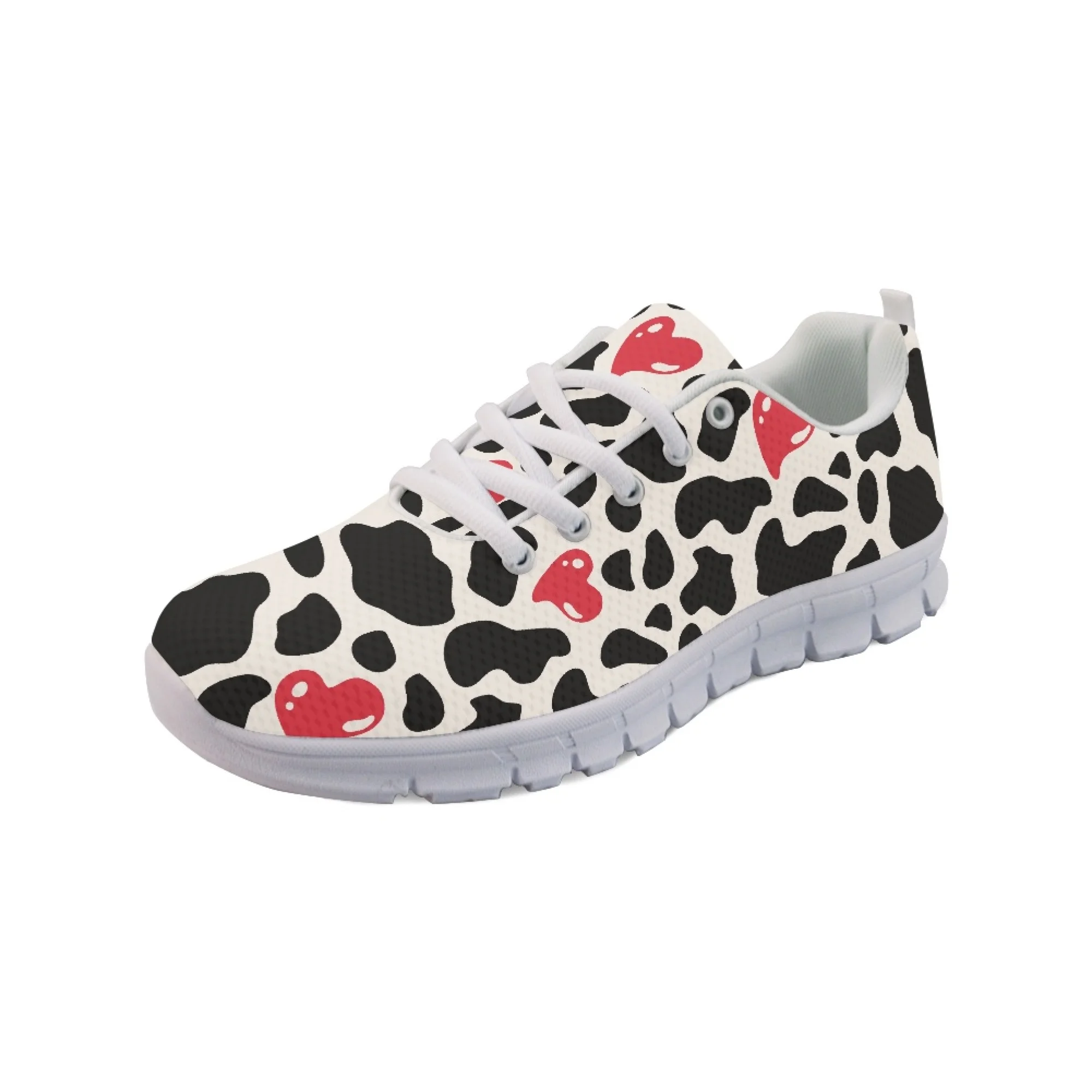 Yikeluo Cute Cow Love Print Pattern Femme Mesh Sneakers Breathable Lace up Flat Shoes for Women Casual Footwear Zapatos