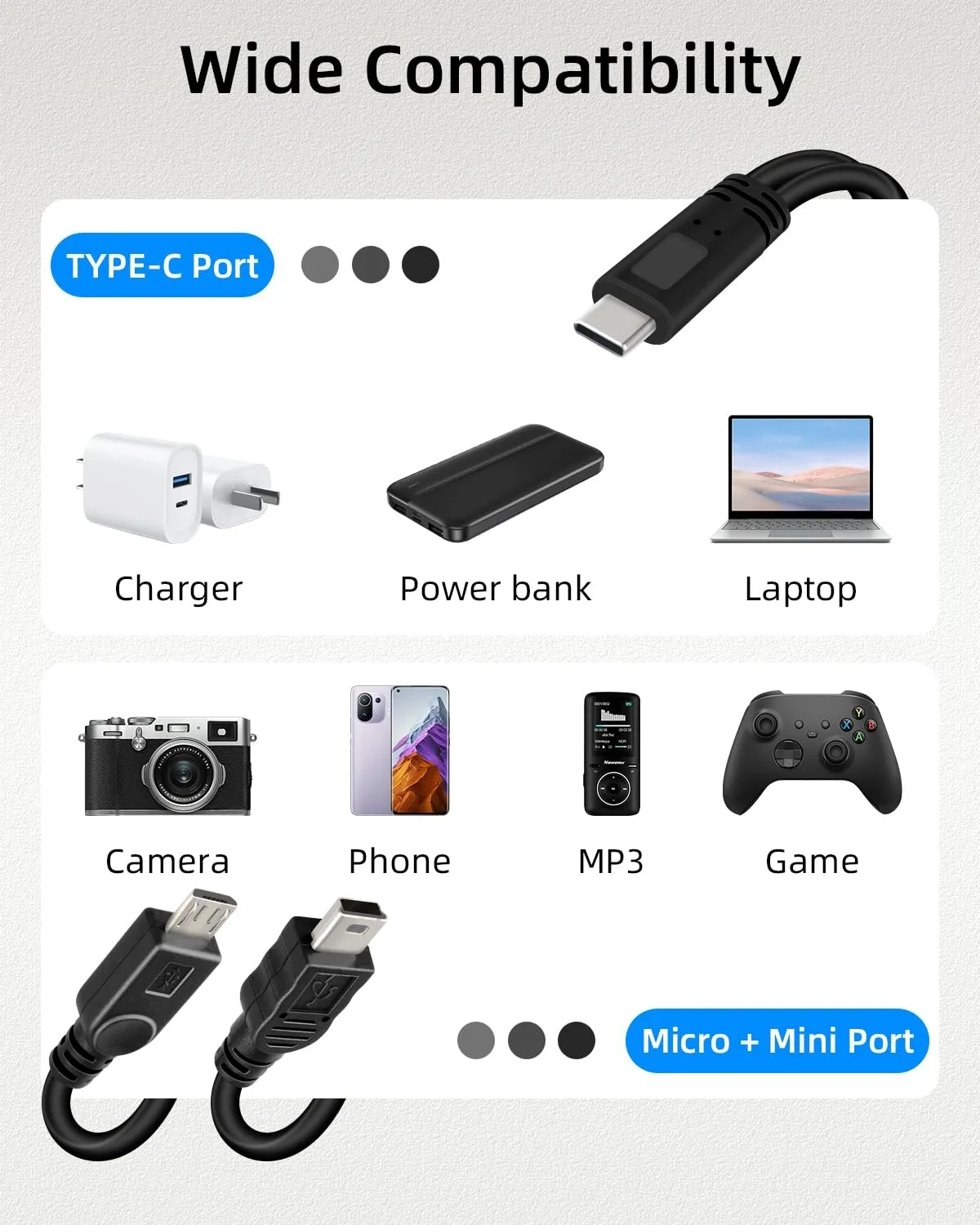Compact USB-C Y Splitter Charging Cable - 2-in-1 Type C to Mini Micro Charge Cord