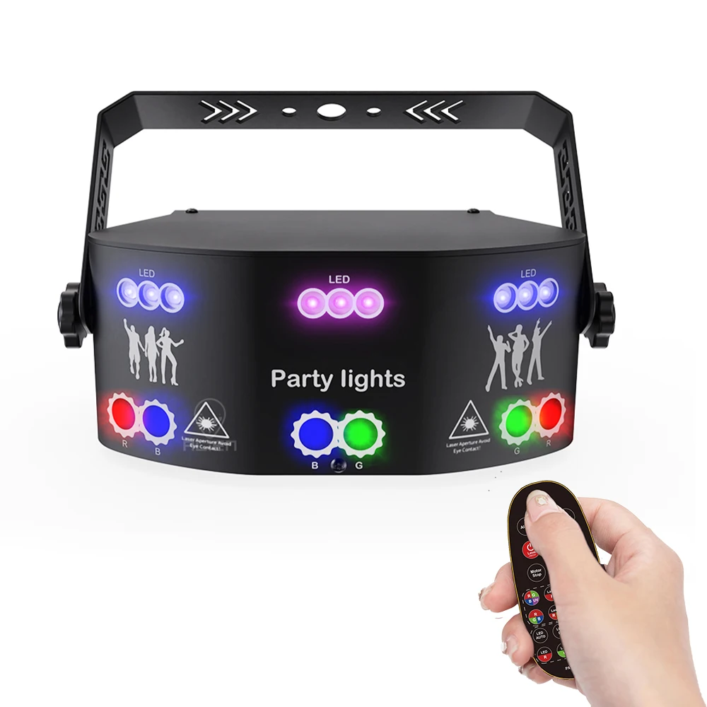 Luces de fiesta, 15 ojos RGB para DJ, luces estroboscópicas, proyector LED  activado por sonido con control remoto y 125 efectos de proyección para