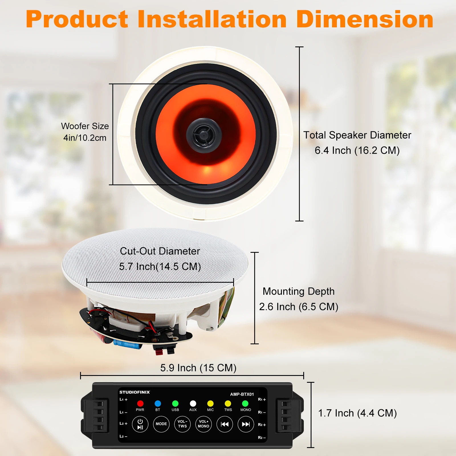 STUDIOFINIX 4'' 블루투스 천장 스피커 4채널 앰프 480W 최대 출력 4개 스피커 선명한 사운드 거실 사무실 주방