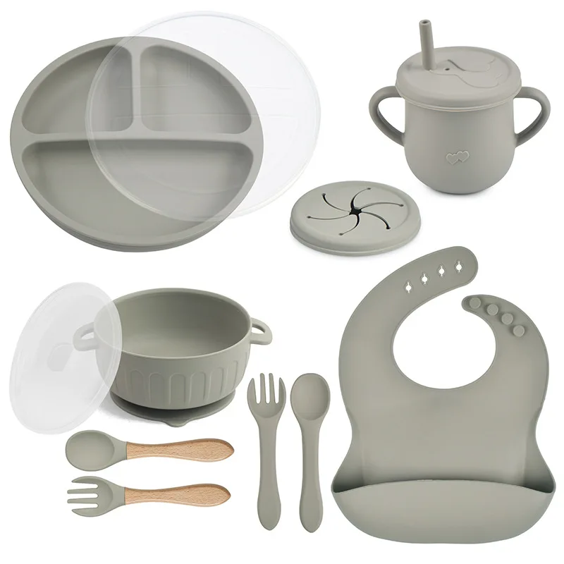 10pcs/Set Baby Children's Tableware Feeidng BPA Free ​Solid Color Food Plates Sucker Dishes Spoon Fork Sippy Cup Baby Stuff 6