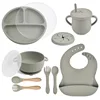 10pcs/Set Baby Children's Tableware Feeidng BPA Free ​Solid Color Food Plates Sucker Dishes Spoon Fork Sippy Cup Baby Stuff 6