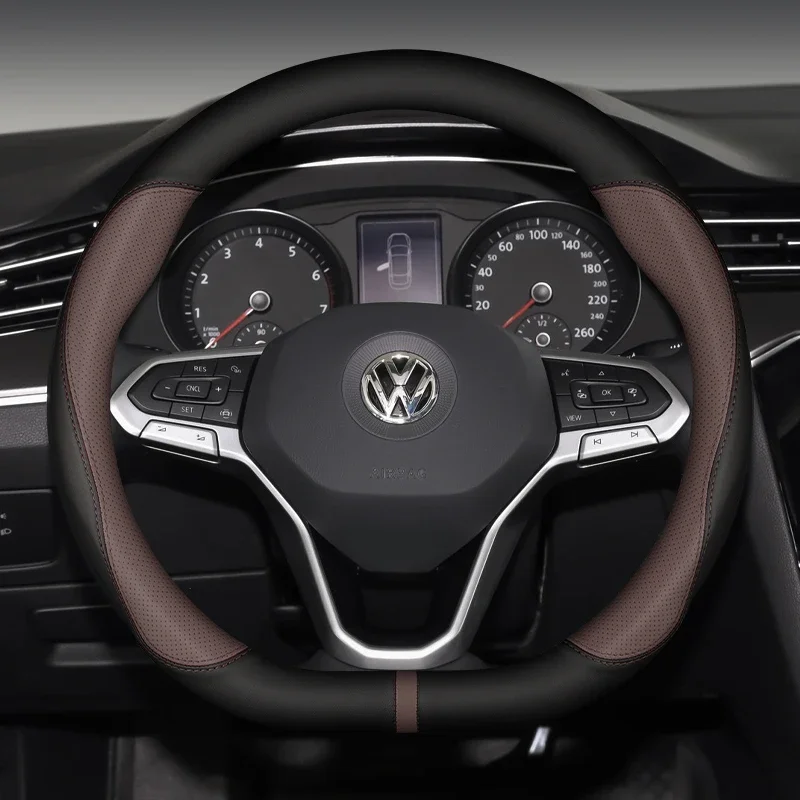 Coprivolante per auto in pelle, antiscivolo, 38 cm, per VW Sharan, Passat, Caddy, Touran, Tiguan, Golf, Polo, Teramont, T-Roc - immagine 3