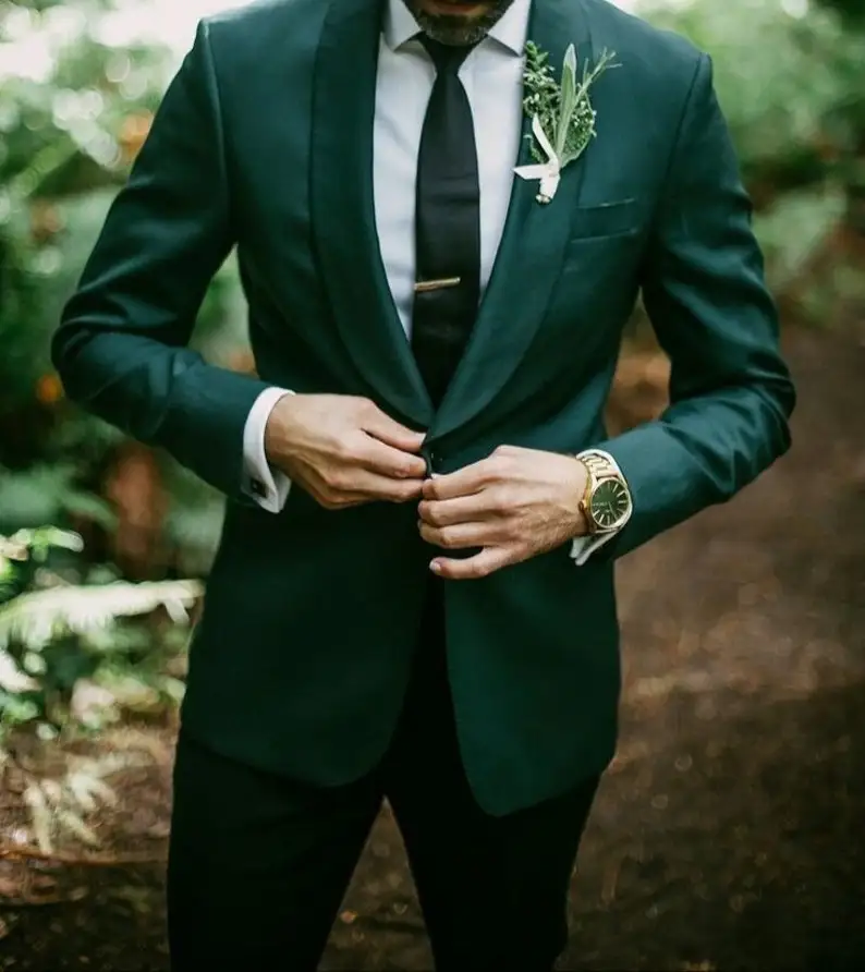 

Men Suits Country Garden Wedding Tuxedos Shawl Lapel Slim Fit Groom Formal Wear Man Elegant Prom Party Blazer Emerald Green