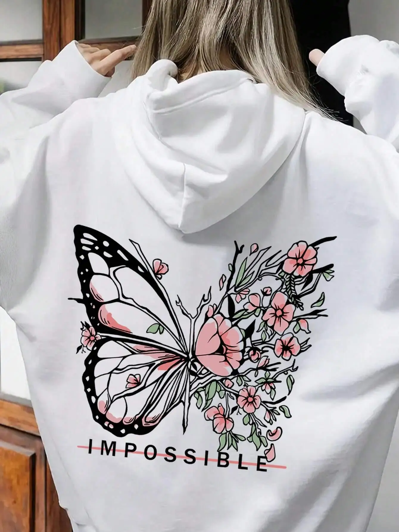 Rose papillon Impossible lettre graphique imprimé femmes sweat mode chaud à capuche ample décontracté sweats à capuche polaire doux vêtements