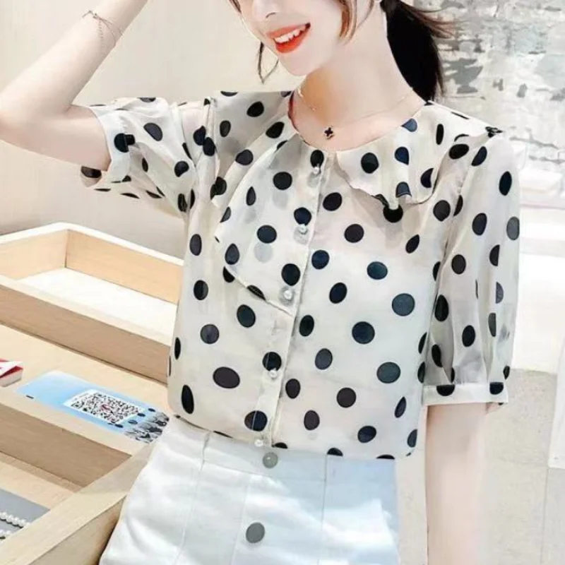 2024 Summer New Commute Versatile Simplicity Dots Print Fashion Splicing Buttons Short Sleeve Diagonal Collar Temperament Shirt