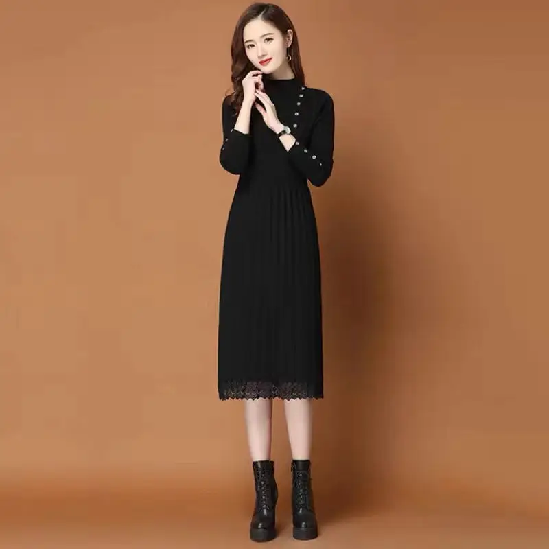 

Woman Dress Robe Dresses for Women Knitted Maxi Crochet Clothes Loose Long Evening Black Turtleneck One-piece Aesthetic Harajuku