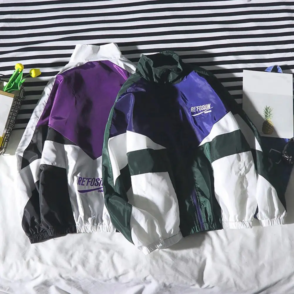 

Popular Casual Jacket Color Block Outwear Turndown Collar Elastic Cuff Jacket Korean Style Men Jacket for School