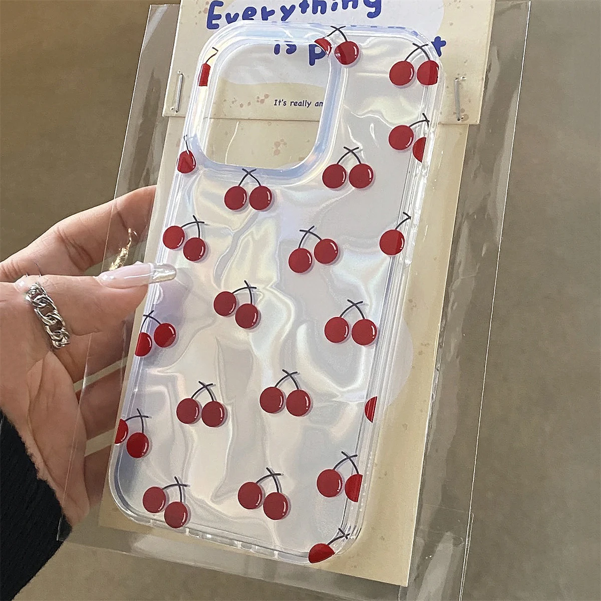 Adorable Cherry Water Ripple Full Screen Phone Case with Charming Bracelet Wristband