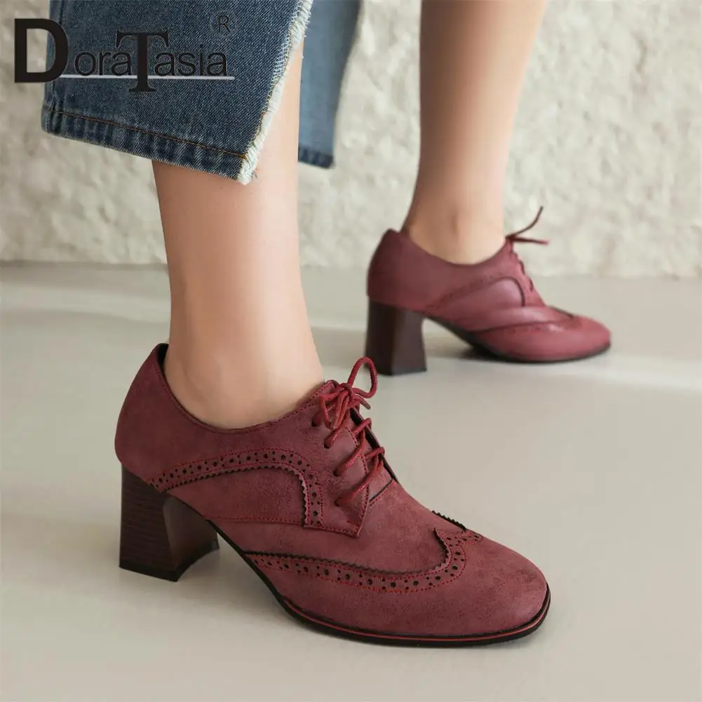 Brand New Ladies Round Toe Oxfords Pumps Fashion Lace-up Thick High Heel women's Pumps Party Office Vintage Brogue Shoes Woman