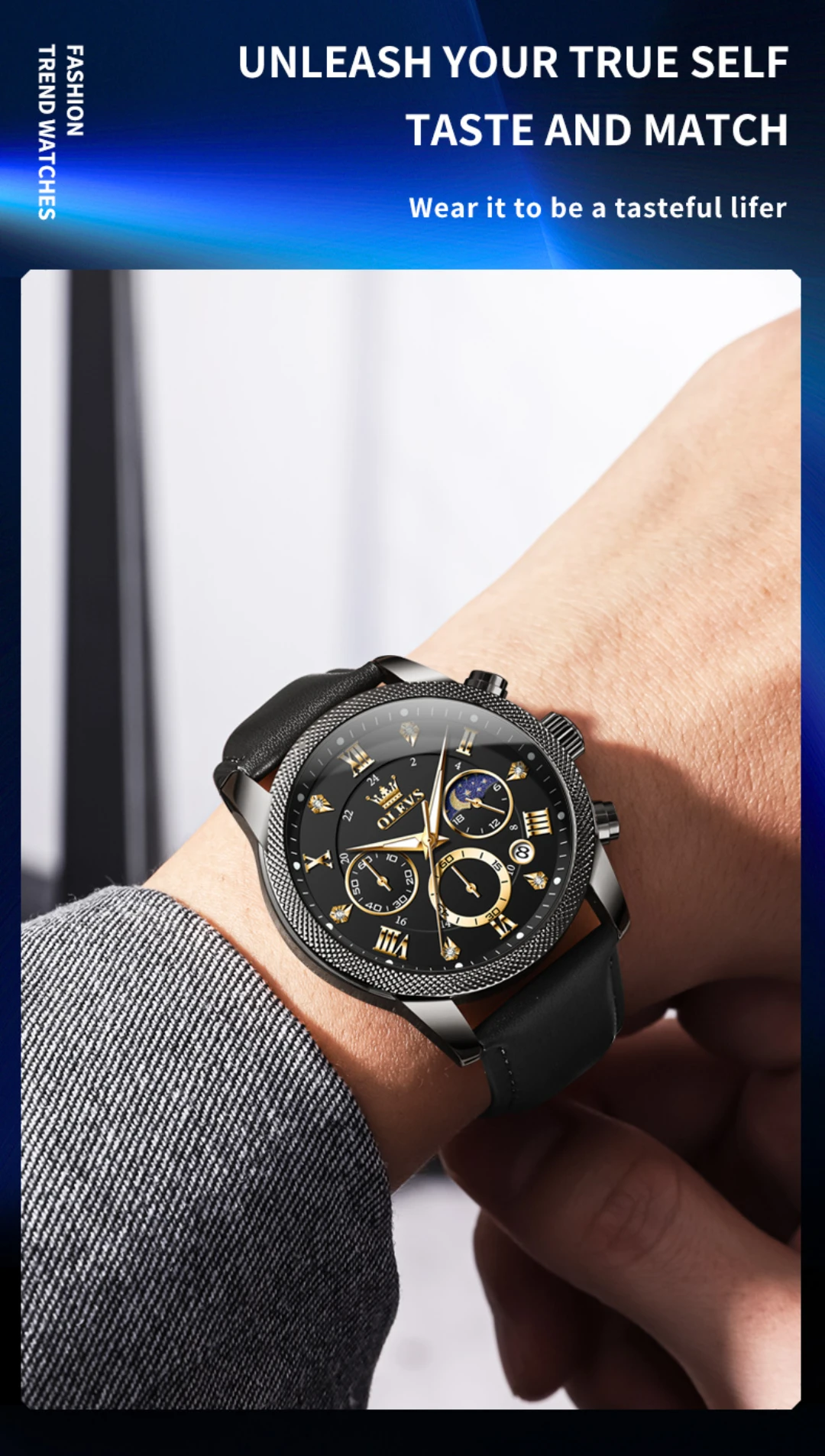 OLEVS 3660 Leather Chronograph Watch For Mens description image 5