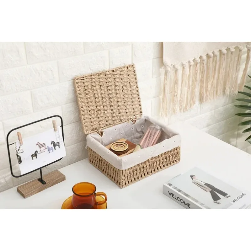Handwoven Storage Box Rattan Storage Baskets with Lid Wicker Desktop Sundries Cosmetics Organizer Clothes Snack Toys Storage Box 5