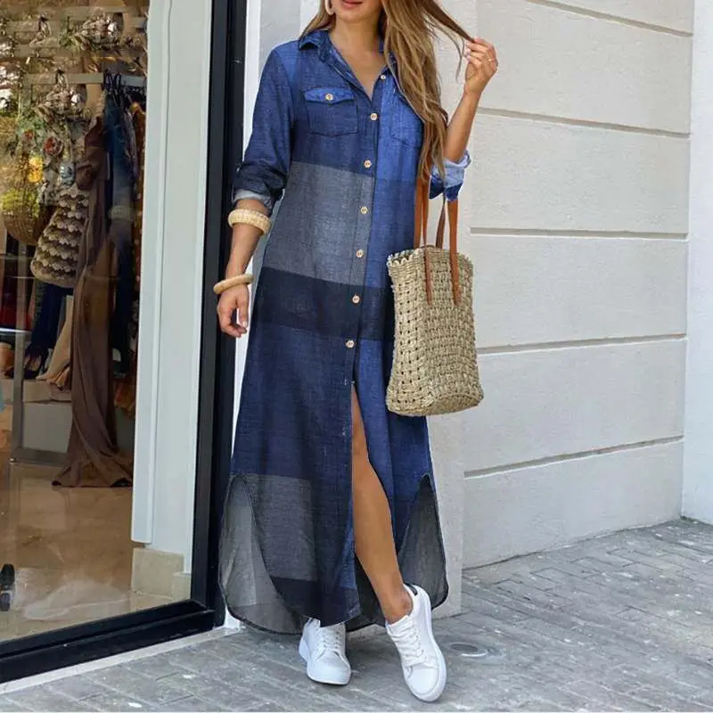 

Spring And Autumn Women's Fashion Checker Print Long Shirt Dress Casual Polo Neck Long Sleeve Loose Single Breasted Pocket Dress