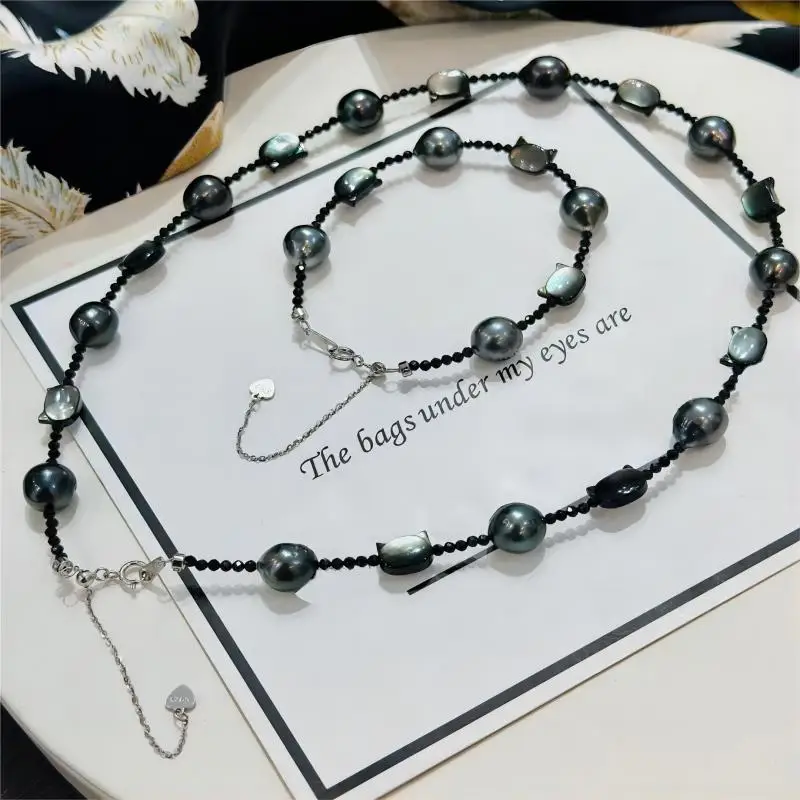 

Sweet Cool Girl Dark Series Biotite Cat Shell Seawater Tahiti Black Pearl Bracelet Necklace Set For Women Girls Jewelry Gifts