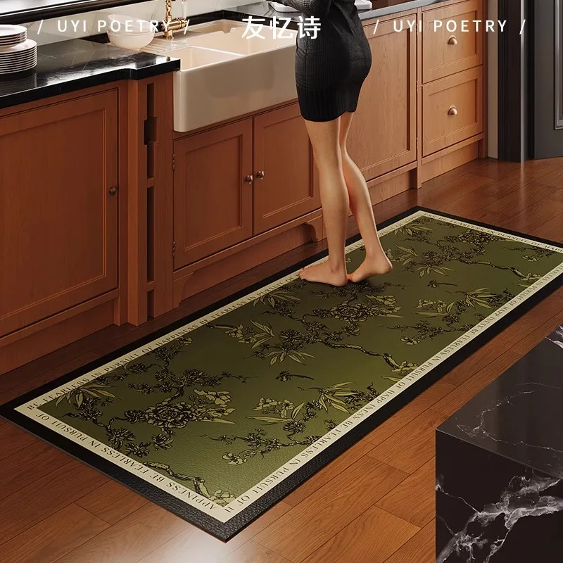 Green PVC Kitchen Floor Mat Vintage Floral Print Oil-proof Waterproof Carpet Large Area Long Strip Balcony Leather Rugs Alfombra