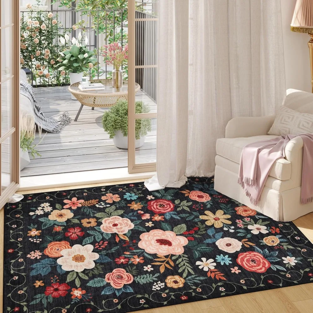 2x3 Rugs for Entryway, Floral Indoor Washable Door Mat, Non Slip Boho Small Rug for Kitchen, Soft Low Pile, Front Door Throw Ru