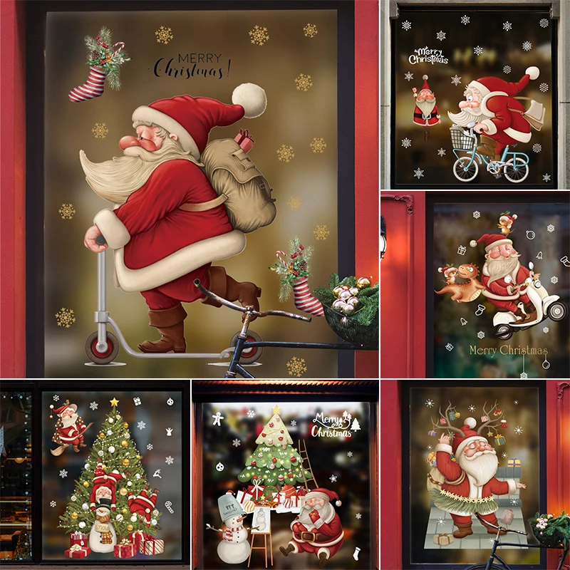 Window Stickers Skateboarding Santa for New Year Christmas Window Glass Decor Tree Home Decor