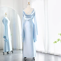 Arabic Light Blue Mermaid Evening Dress with Flare Long Sleeves Criss Cross Dubai Women Wedding Party Gowns F027 1
