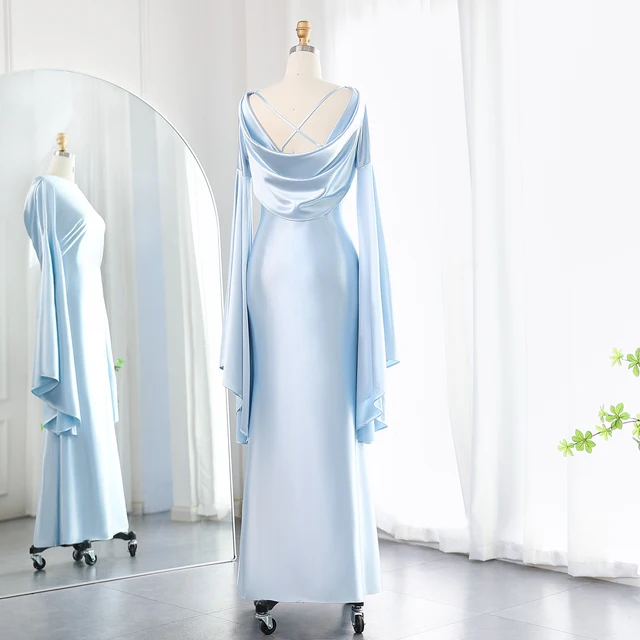 Arabic Light Blue Mermaid Evening Dress with Flare Long Sleeves Criss Cross Dubai Women Wedding Party Gowns F027 6