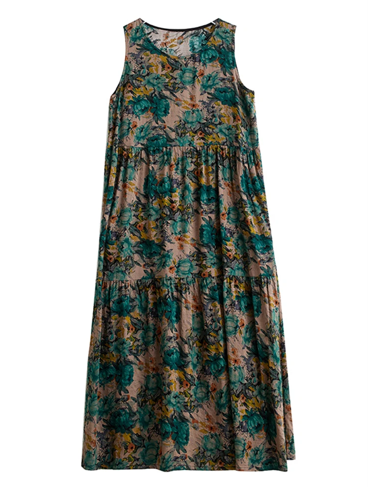 Cotton Vintage Casual Sleeveless Green Print Dresses For Women 2025 New Summer Dress Femme Robe Vestidos Elegant Long Clothing