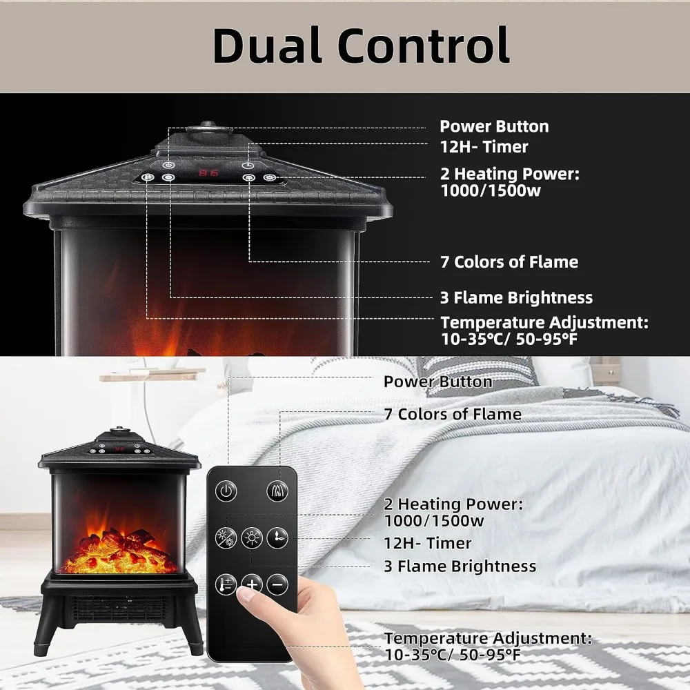 Electric Fireplace Heater with Remote 1500W Portable Freestanding Stove Heater Realistic Flame Effect 7 Colors& 3 Brightness for