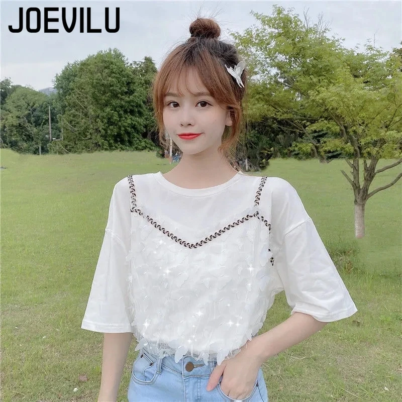 

Футболка женская с круглым вырезом, имитация двух предметов, топ с коротким рукавом и блестками-бабочками, летняя повседневная эстетичная одежда в Корейском стиле, Y2k