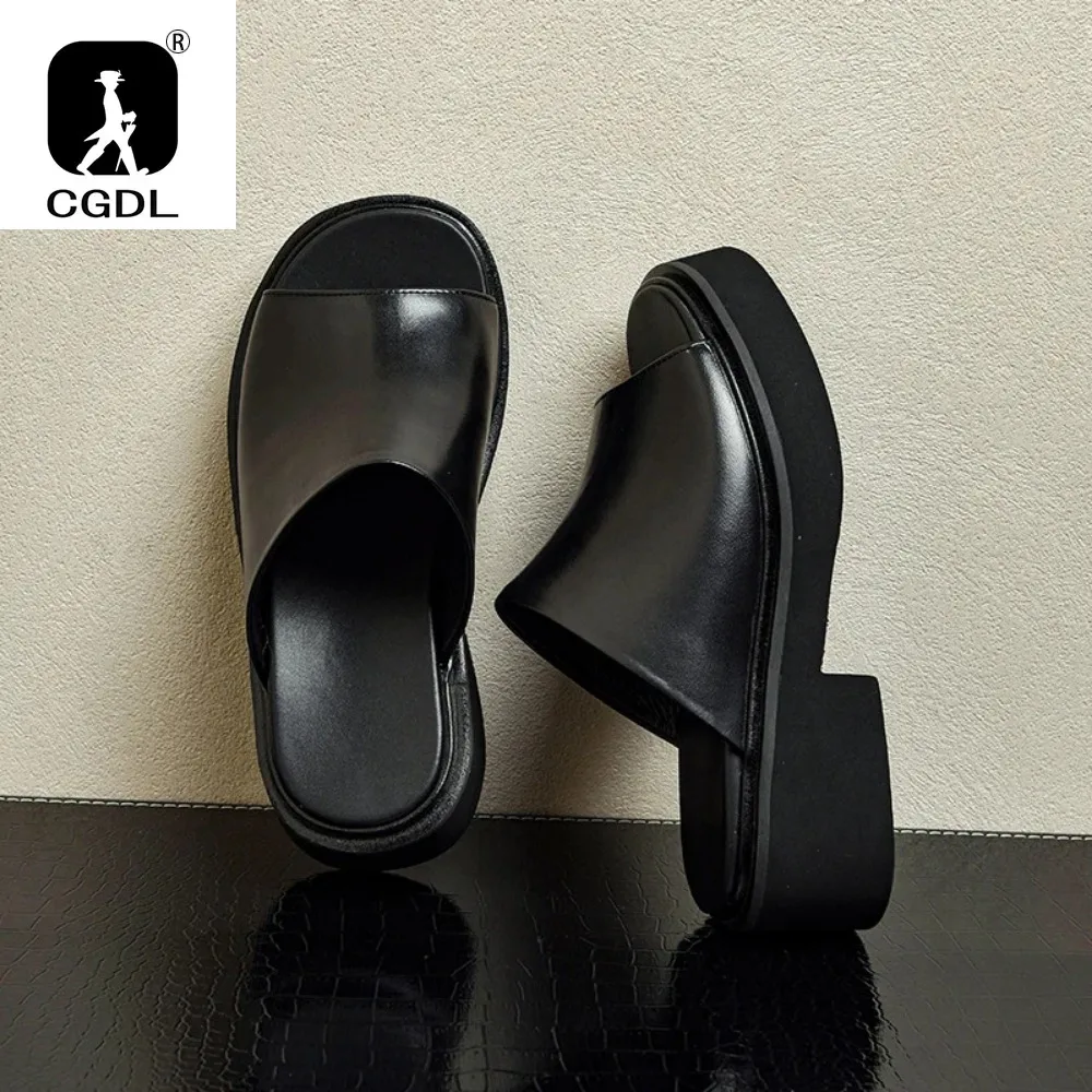 6CM High Heel Mens Casual Leather Slippers Luxury Handmade Genuine Leather Outdoor Fashion Platform Summer Party Sandals Man