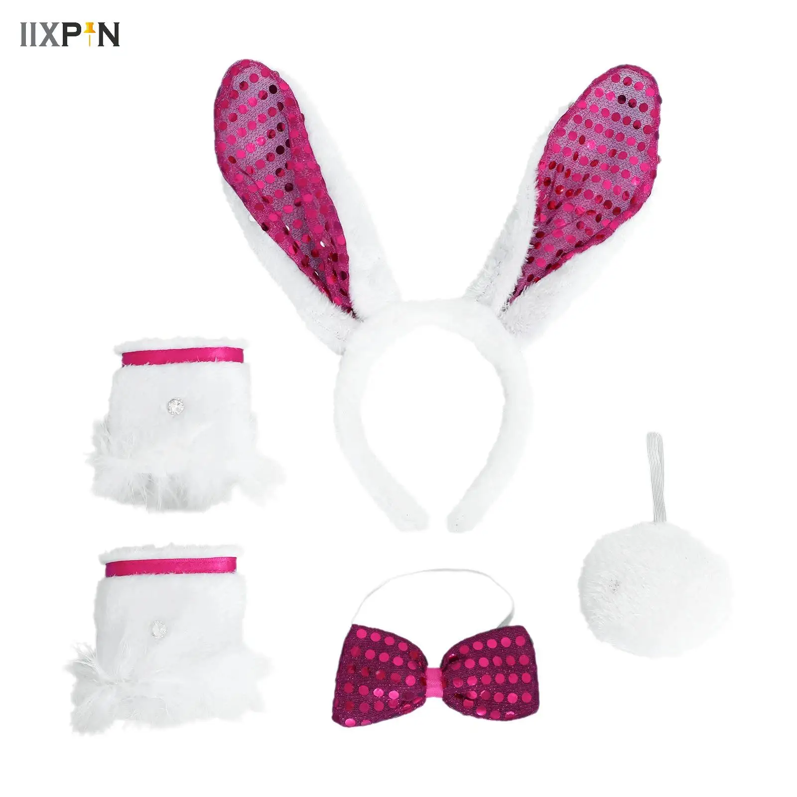 

Halloween Bunny Cosplay Costume Accessories Womens Girls Rabbit Ears Headwear Shiny Bowknot Fuzzy Wristband And Rabbit Tail Sets