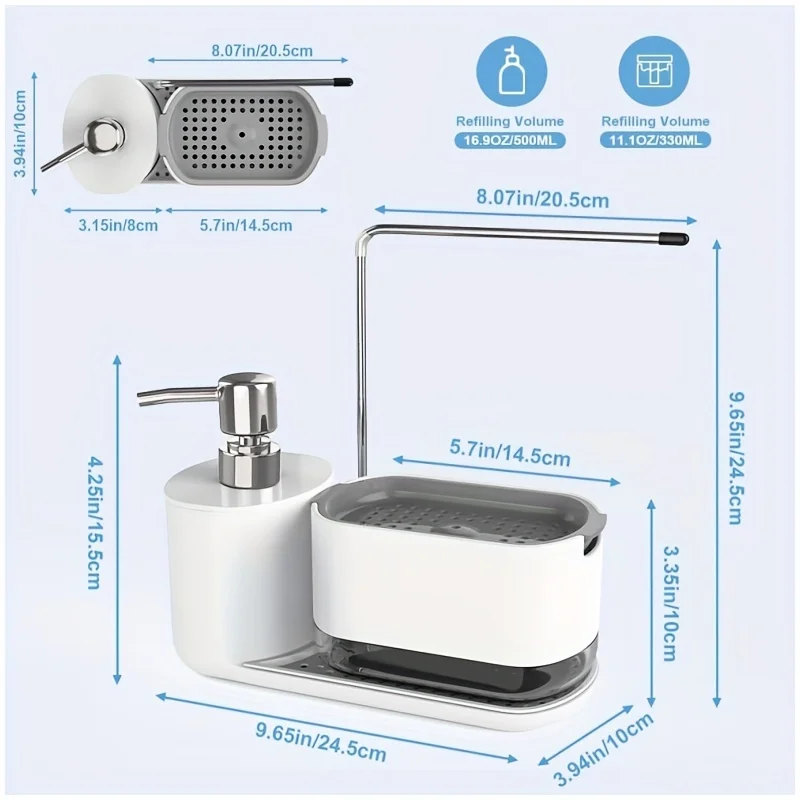 Multi-Functional Hand and Dish Soap Dispenser Set 5-in-1 Organizer Dual Soap Dispensers Sponge and Dishcloth Holders Tray soap dispenser soap dispenser bottle foaming soap dispenser