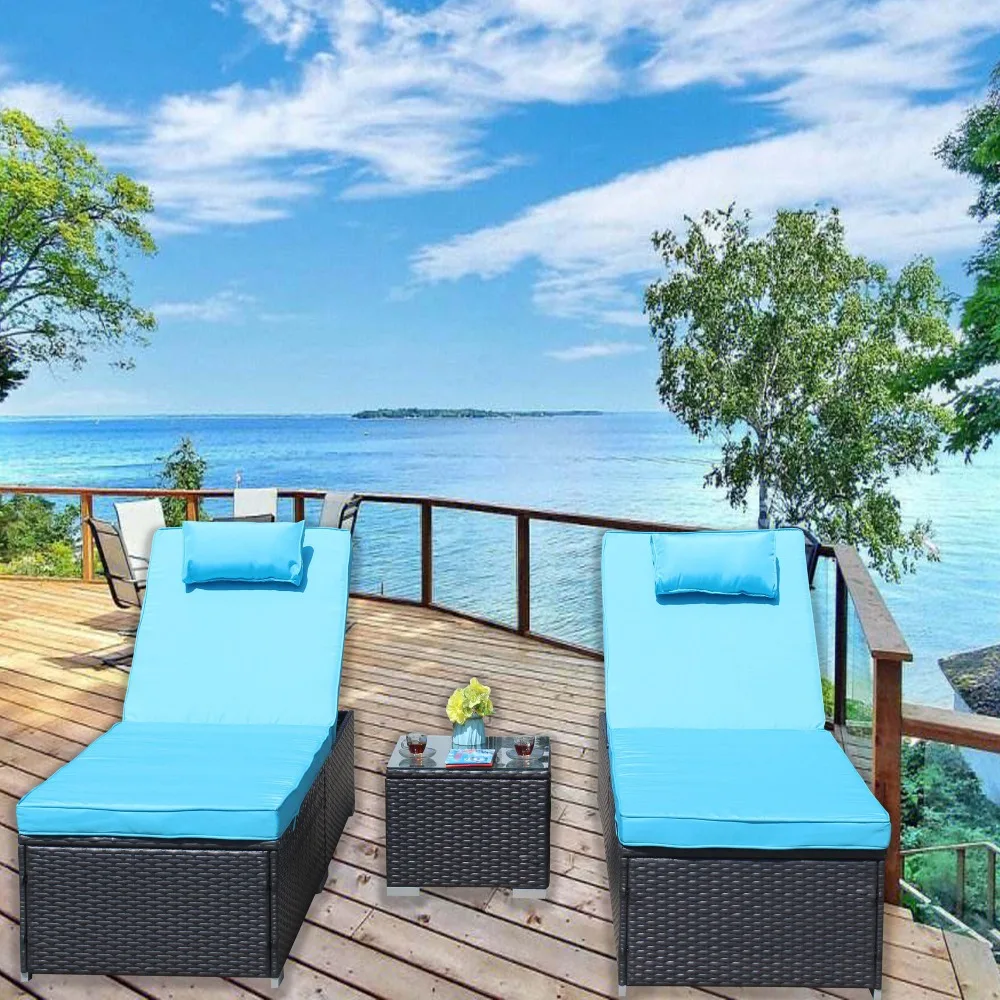 3-Piece Outdoor Patio Furniture Set Chaise, Couch Cushioned with Glass Coffee Table, Adjustable Back and Feet, Lounger Chair 2