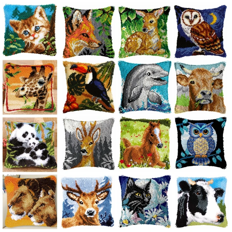 Animal Series Latch Hook Hand Knitted Embroidered Pillow Unfinished Embroidery Material Latch Hook Rug Kits Beginner DIY Supply craft supplies carpet embroidery kit