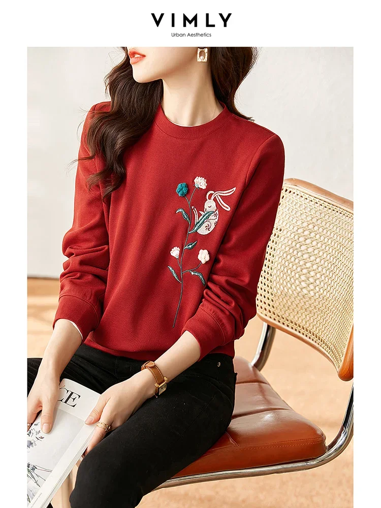 Vimly 2023 Autumn Pullover Round Neck Sweatshirt Women Cute Flower Embroidery Long Sleeve Tops Fall Outfits Clothes for Women
