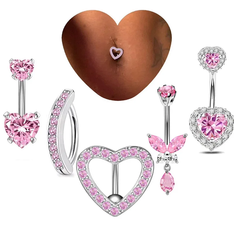 Pink Flower & Blue Crystal Belly Button Ring Set - Heart Navel Barbell Jewelry Collection