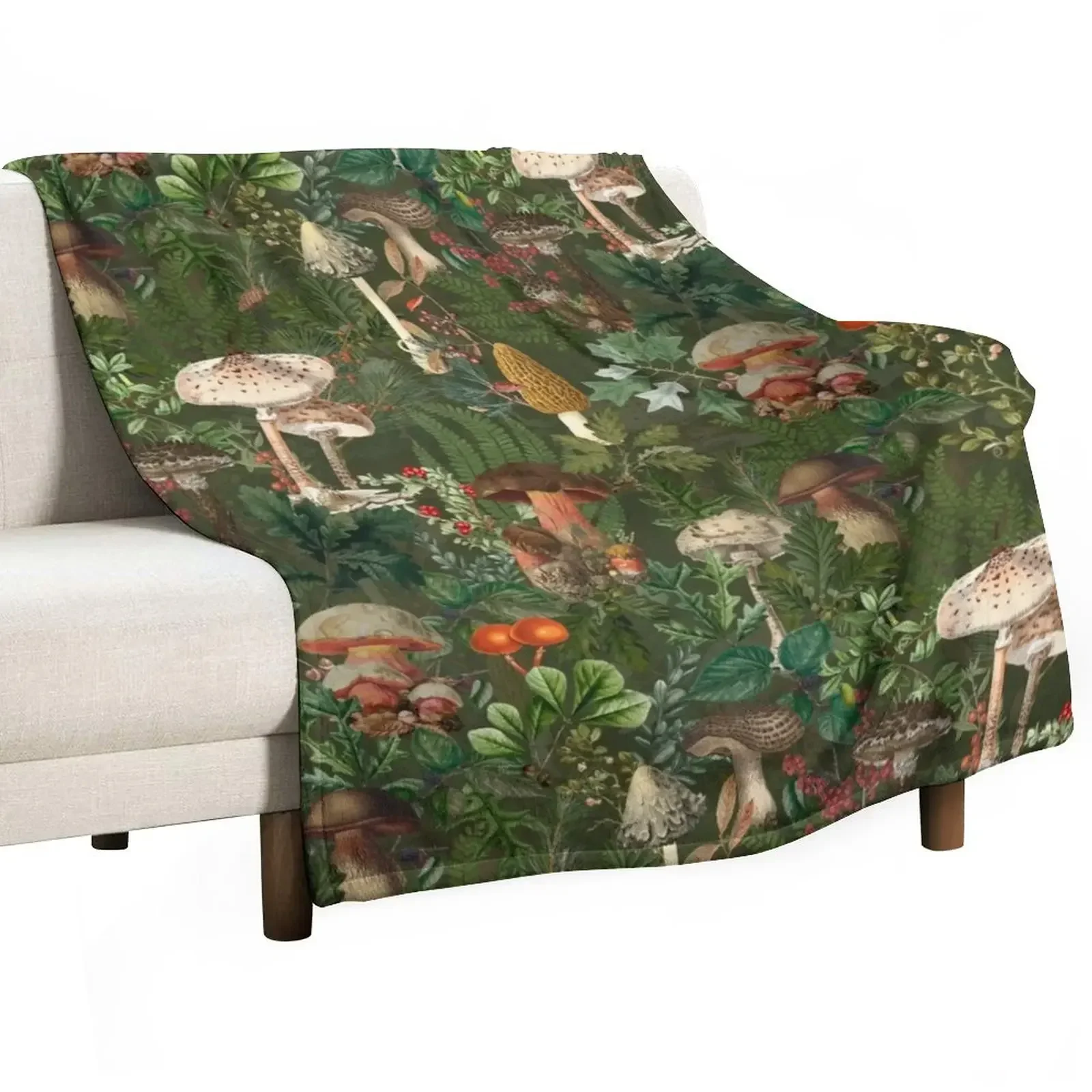 

Vintage Night Mushrooms Botanical Forest Garden- Pattern green Throw Blanket For Baby Plush Beautifuls Luxury Designer Blankets