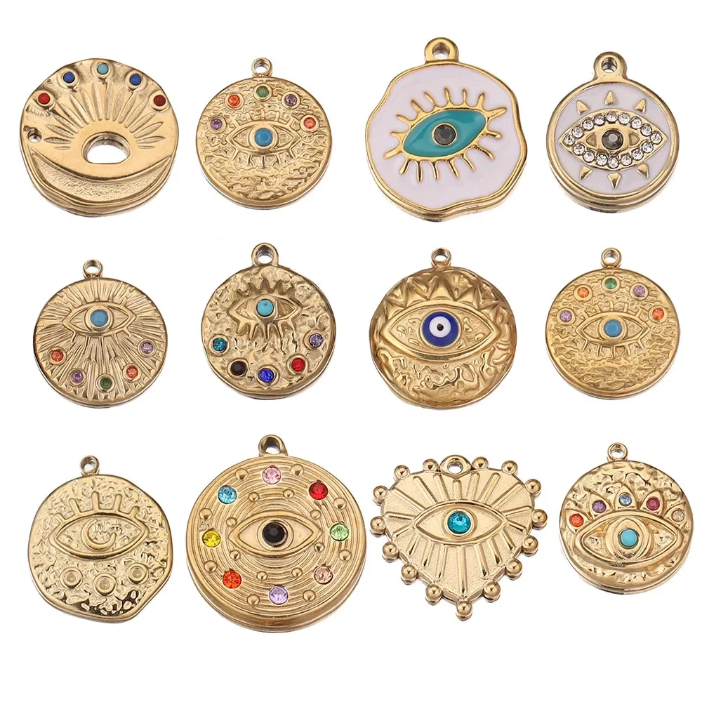 5pcs Stainless Steel Gold Plated Evil Eye Stone Charms Necklace Pendant Connector for Earrings Diy Jewelry Making Supplies Bulk 2