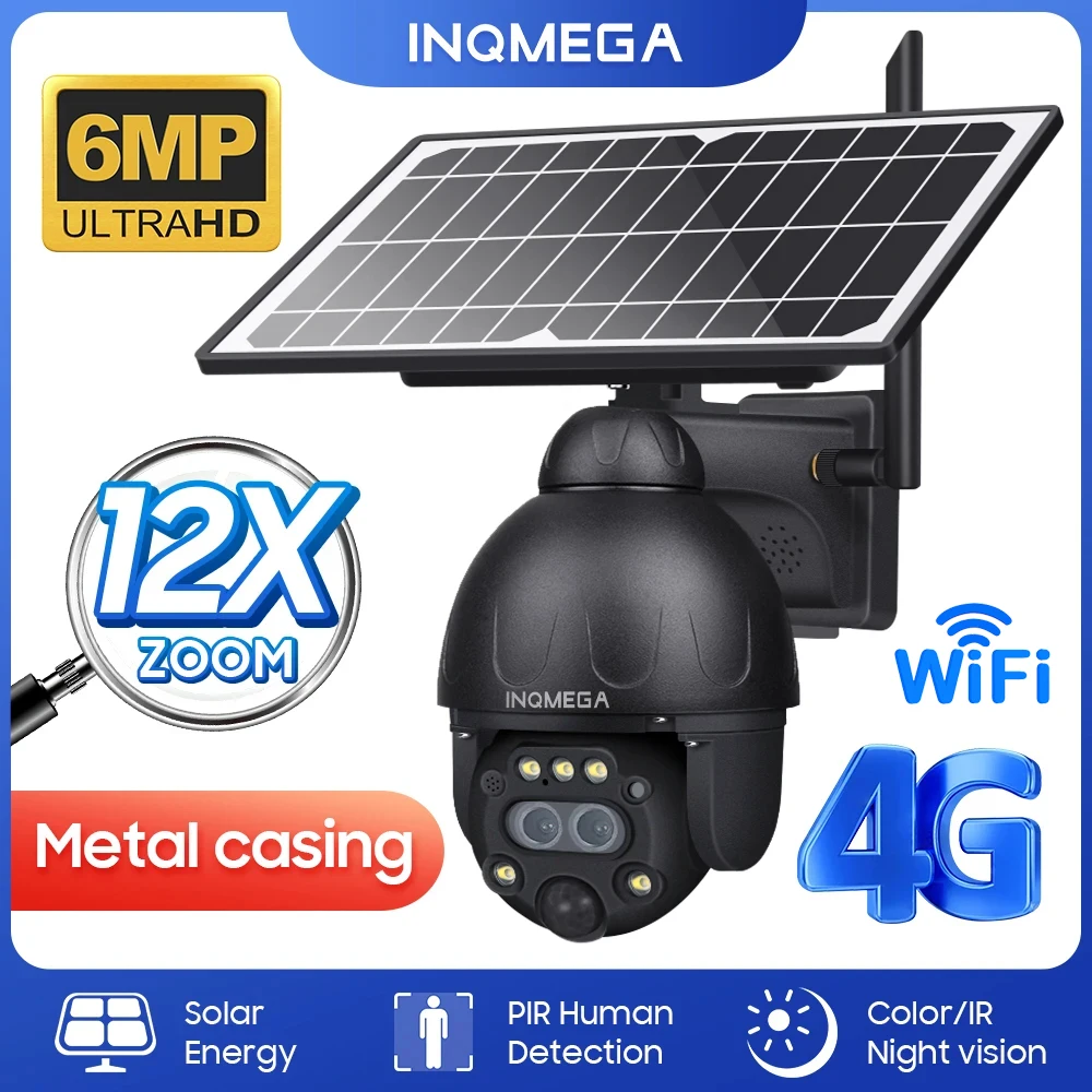 INQMEGA 12x Zoom 4G SIM Solar Security Camera Wifi 6MP Dual