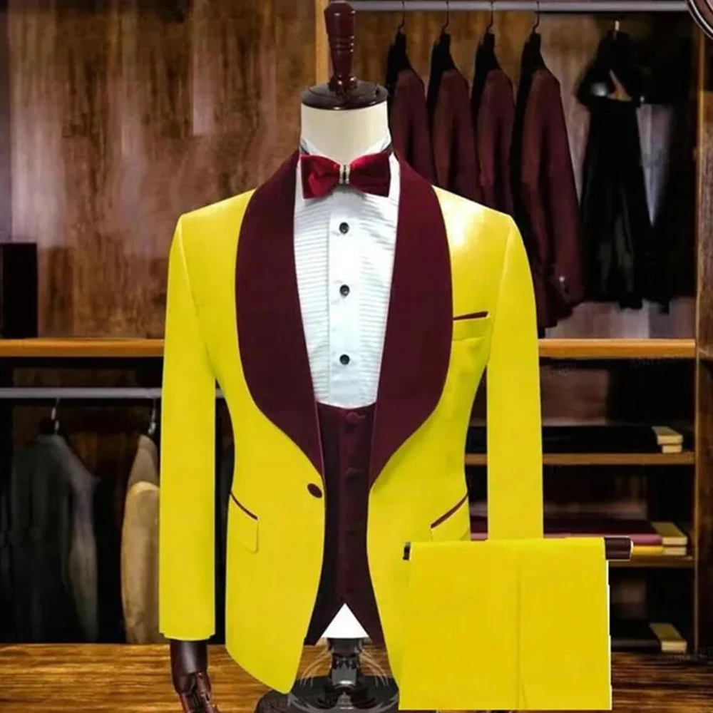 

Groom Wedding Tuxedo Forma Men Suits Fit Sim Burgundy Velvet Jacket Vest Pants 3 Pieces Male Clothing Bespoke Man Prpm Party Set