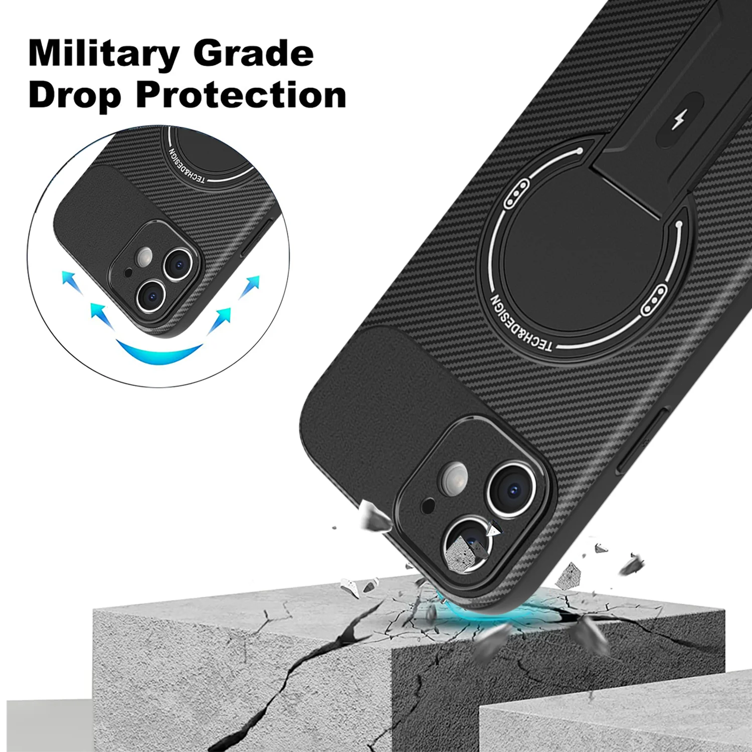 Magnetic Stand Carbon Fiber Case with Magsafe Compatibility and Wireless Charging Cover