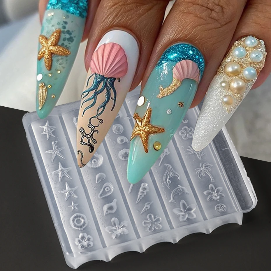 오션 월드 시리즈 네일 아트 실리콘 몰드 여름 수중 세계 생물 불가사리 조개껍데기 조개 조각 DIY 네일 템플릿