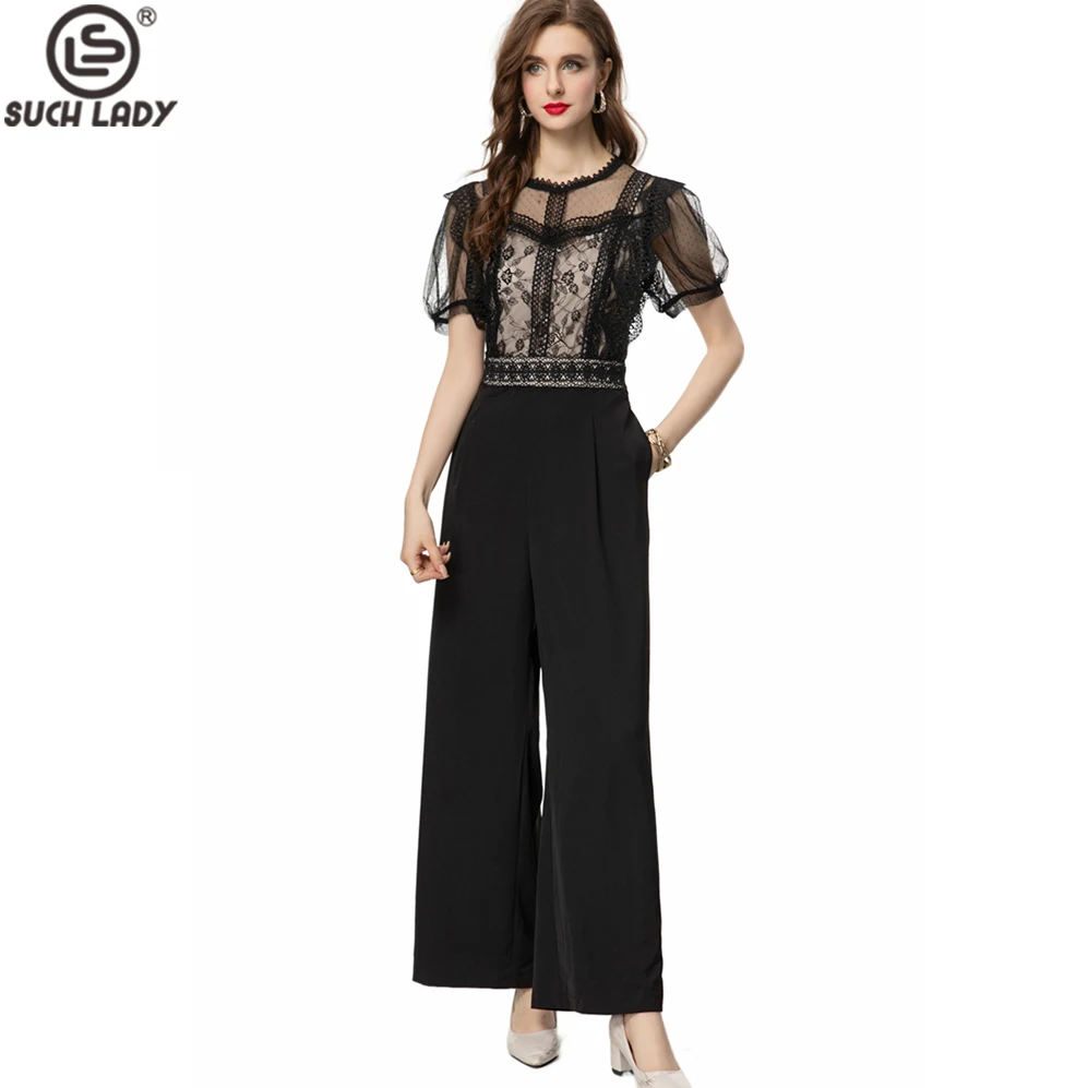 

Women's Runway Jumpsuits& Rompers O Neck Short Sleeves Embroidery Lace Bodice Fashion Designer Long Pants
